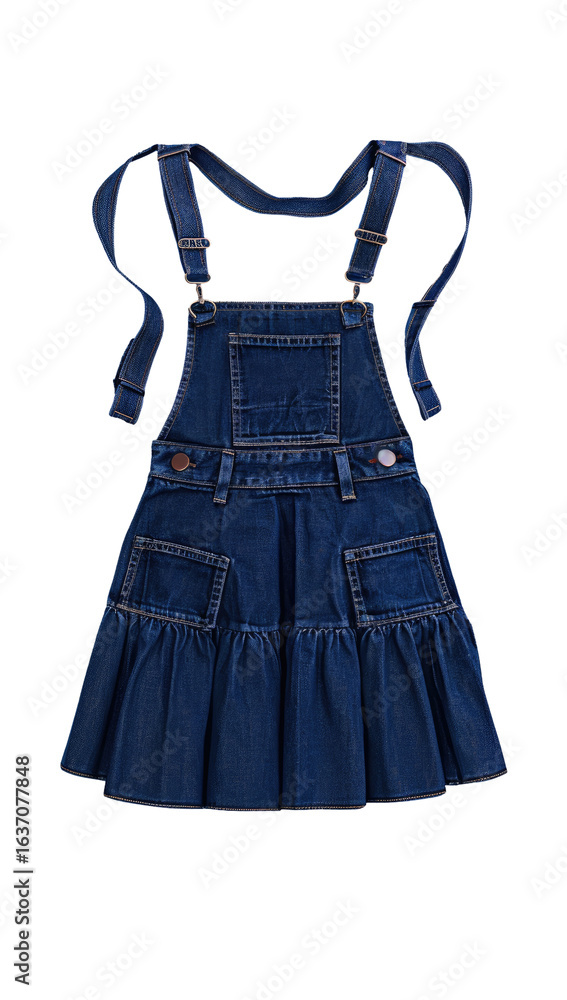 Indigo denim overall dress with tiered skirt Indigo denim overall dress with tiered skirt