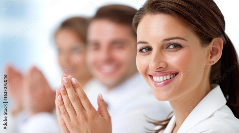 A cheerful team celebrates a successful presentation, clapping and smiling in a modern office setting. A cheerful team celebrates a successful presentation, clapping and smiling in a modern office setting.