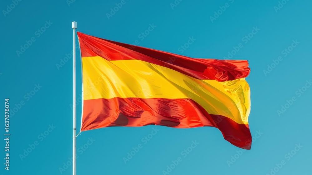 Naklejka premium A vibrant Spanish flag flutters against a bright blue sky, showcasing the colors and pride of Spain in a lowangle view.