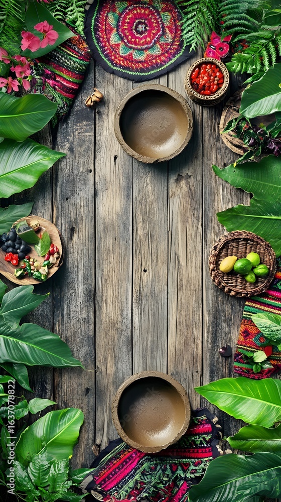 Fototapeta premium Vibrant Tropical Plants and Bowls on Rustic Wood