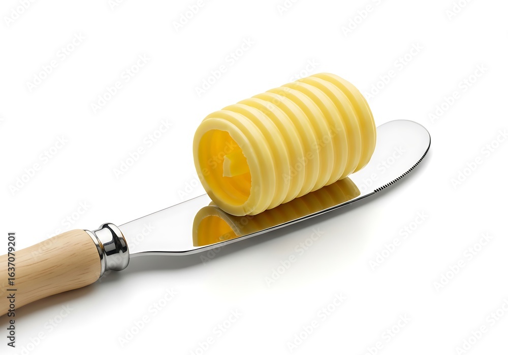 Rolled butter on a knife isolated on white background Rolled butter on a knife isolated on white background