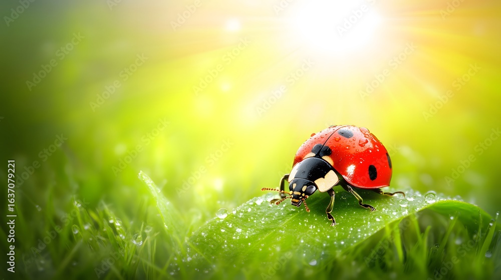 Obraz premium Dewy Ladybug on Green Leaf, Spring Nature Macro Photography