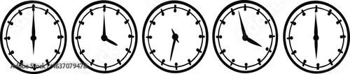 Five simple black and white clocks showing different times