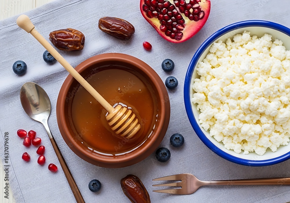 Fototapeta premium Healthy breakfast with cottage cheese, honey, dates, blueberries, and pomegranate seeds