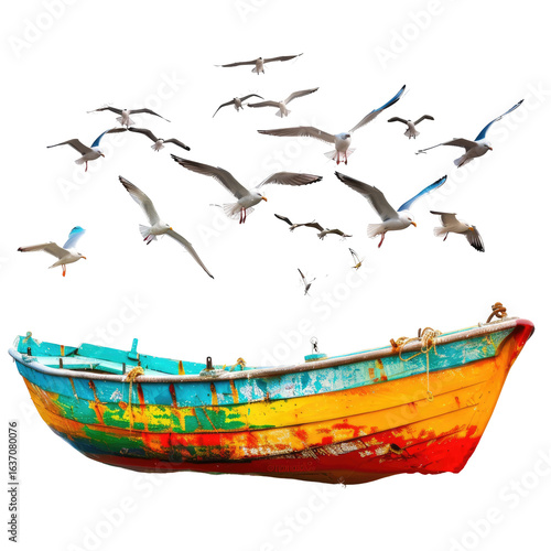Colorful fishing boat with a flock of gulls soaring above