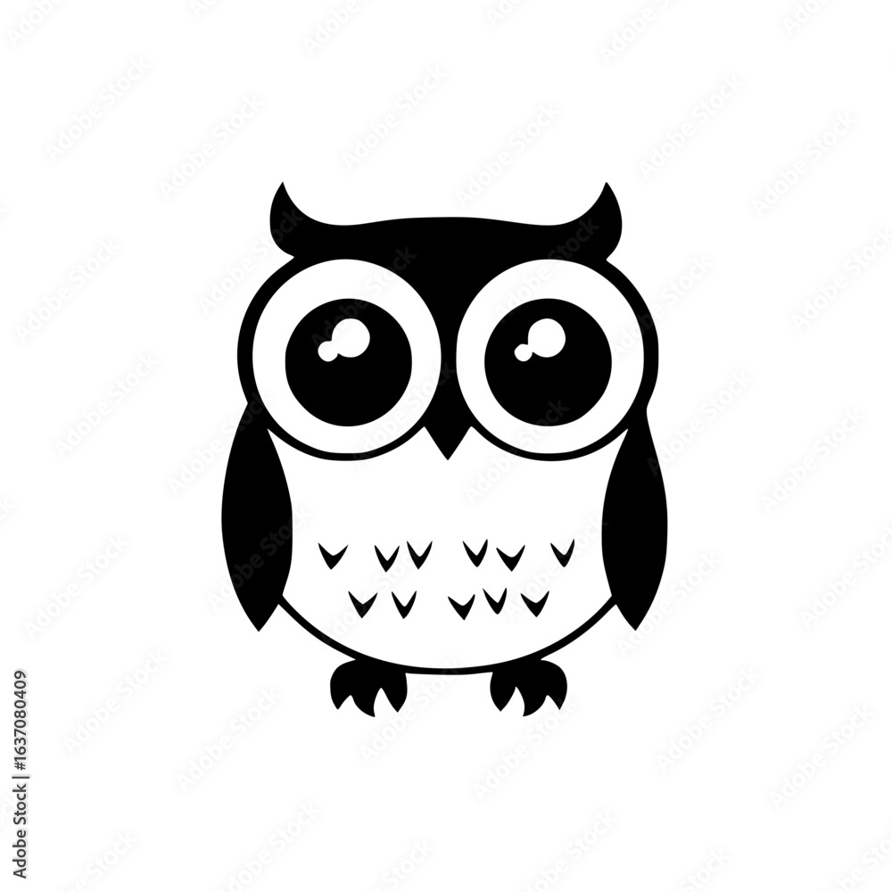 Fototapeta premium Cute owl icon with zigzag feather chest pattern, representing nocturnal forest birds and wildlife.