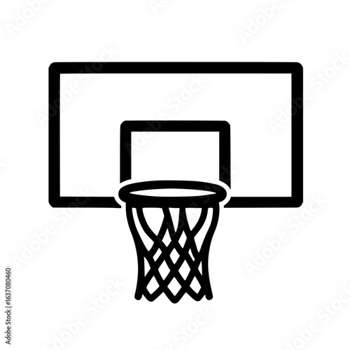 Minimalist black basketball hoop icon with net, representing sports, games, and athletic activities.