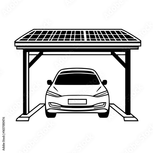 Black solar carport icon with sedan outline, symbolizing renewable energy use in vehicle parking and sustainable construction.