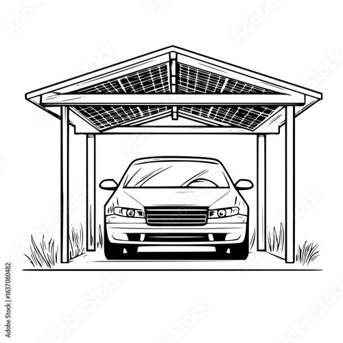 Detailed solar panel carport icon with parked car, representing renewable energy parking solutions and sustainable design.