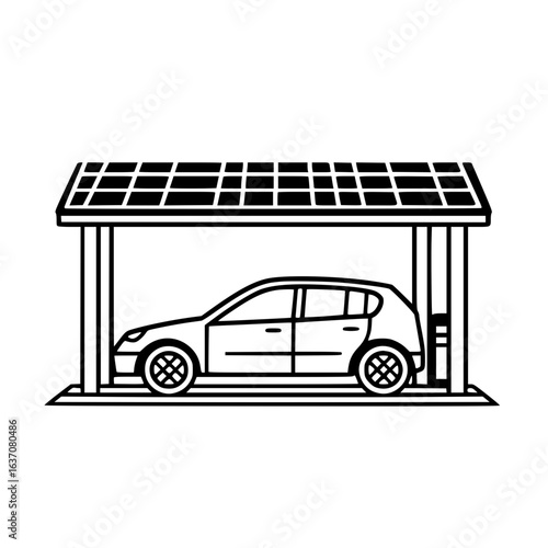 Minimal solar panel carport icon with parked car outline, symbolizing renewable energy, electric vehicles, and sustainable parking.