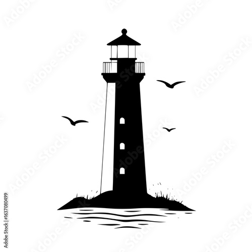 Detailed tall lighthouse icon with birds flying nearby, representing ocean navigation, coastal scenery, and maritime landmarks.
