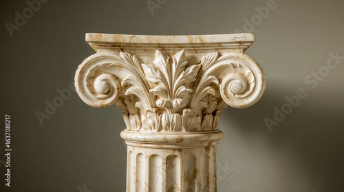 A detailed close-up shot of an ornate Ionic column capital, carved from marble with intricate scrollwork and acanthus leaves, set against a plain background.
