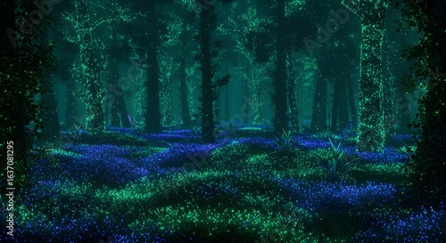 Fototapeta Naklejka Na Ścianę i Meble -  Enchanting bioluminescent forest glows with magical blue and green lights, creating a fantasy wonderland.