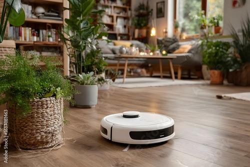 a roomba is sitting on the floor in front of a plant, diaper disposal robot, irobot,