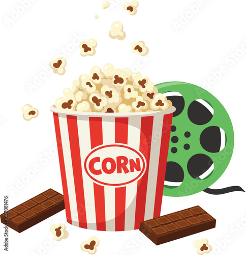 Popcorn bucket with film reel and chocolate bars movie night snack vector illustration