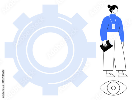 Woman holding clipboard stands near a large gear and eye icon, reinforcing teamwork, precision, innovation, productivity, strategic vision, analysis, and flat design for simple flat metaphor