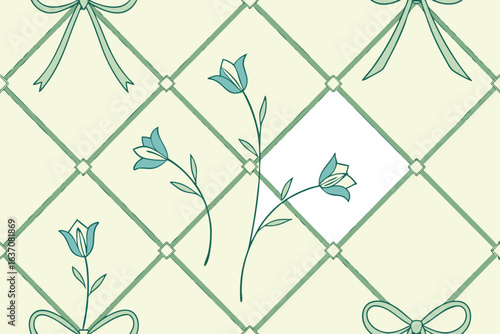 Delicate blue bell flowers and bows on a green lattice background