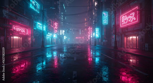 Immersive cyberpunk cityscape at night with vibrant neon signs reflecting on wet streets creating a futuristic atmosphere