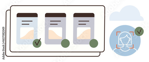 Data cards with verified marks beside a cloud, paired with a face recognition profile. Ideal for security, technology, authentication, biometrics, cloud storage, privacy compliance. Simple flat
