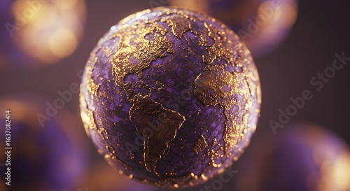 Fototapeta Naklejka Na Ścianę i Meble -  Luxurious golden planet Earth texture with deep purple hues, symbolizing global wealth and opportunity.