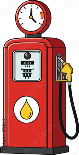 Vintage red gas pump with yellow nozzle and fuel drop icon retro style fuel dispenser vector illustration