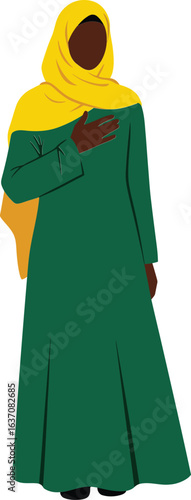 Woman wearing yellow hijab and green dress standing with hand on chest modest Islamic clothing vector illustration