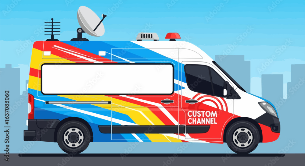 Fototapeta premium Dynamic news van illustration with colorful design and satellite dish on top, surrounded by urban skyline. Eye-catching news van features vibrant colors, ideal for local news bulletin.