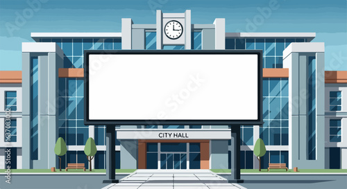 Modern city hall building with large blank billboard in front showcasing vibrant architecture and clear sky. City hall features clock tower and landscaped pathway,