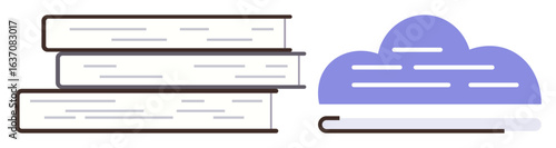 Stack of three books and digital cloud, symbolizing traditional and modern approaches to knowledge. Ideal for education, e-learning, digital library, innovation, cloud computing, knowledge exchange