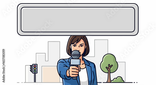 City reporter holding microphone for news broadcast in urban environment with traffic light and tree. City reporter is ready to deliver local news stories with professionalism.