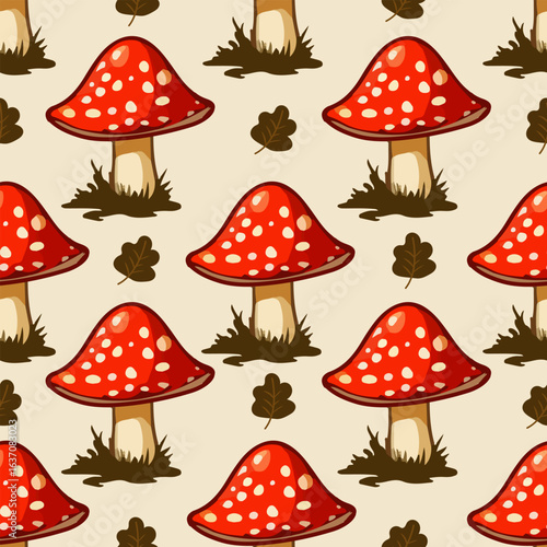 Εκτύπωση καμβά Seamless cartoon pattern with red fly agaric mushrooms, autumn leaves and grass on a beige background