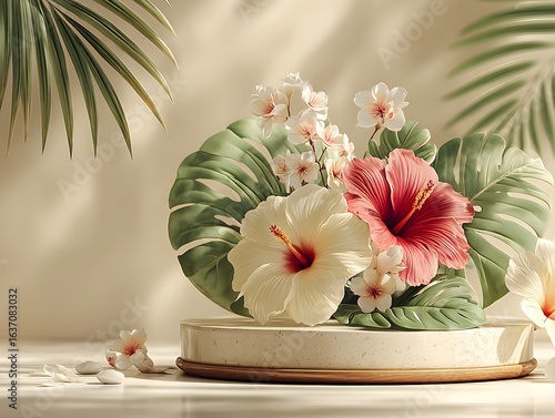 a vase with flowers and leaves on a table, beautiful tropical flowers, tropical flowers,