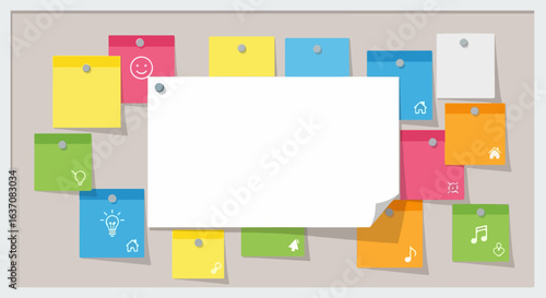Colorful bulletin board with blank notes and cheerful sticky notes. Bulletin board displays vibrant colored notes in green, blue, pink, and orange, enhancing community communications.