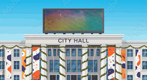 Festive city hall decorated with colorful banners and greenery under bright blue sky. City hall features a large advertising billboard and unique patterns on the facade.