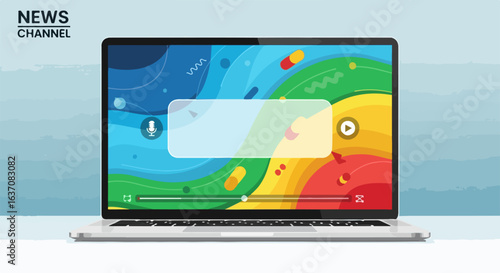 Colorful news streaming illustration on laptop with modern interface and vibrant background, showcasing video playback features for engaging content.