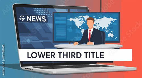 News broadcast illustration with laptop displaying news anchor and world map on screen. Illustrative news concept features modern technology, providing viewers with up-to-date information.