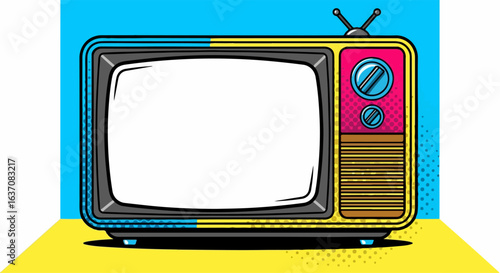 Retro TV illustration in bright pop art style with colorful accents on modern design. Retro TV shows vibrant colors and creative design elements, capturing nostalgia for media art and advertising.