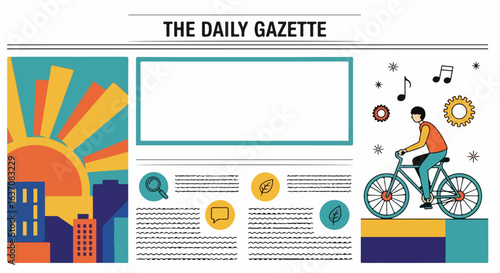 Colorful newspaper front page featuring cyclist and sunrise illustration with space for headlines. The Daily Gazette layout showcases vibrant graphics and urban elements,