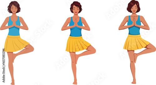 Woman practicing yoga tree pose in blue top and yellow skirt vector illustration for fitness and meditation calmness