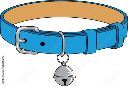 Blue pet collar with metal buckle and silver bell vector illustration for animal accessories design