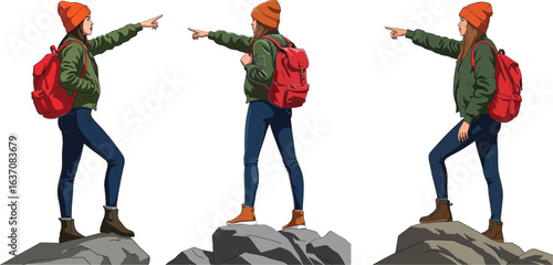 Young woman hiker pointing direction standing on rocky mountain peak wearing red backpack and orange beanie in outdoor adventure exploration vector illustration