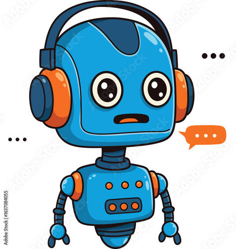 Cute blue robot with orange headphones talking and expressing surprise in cartoon style vector illustration