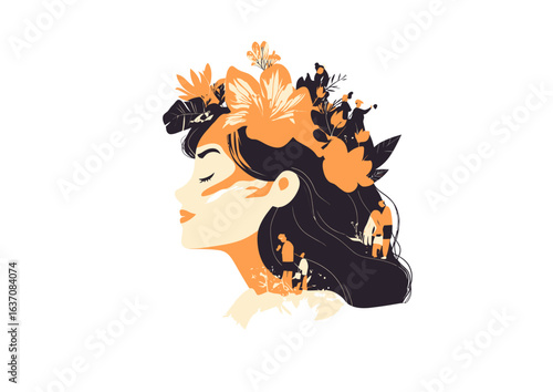 A cheerful girl displaying excellent mental health and a cheerful demeanor. A diminutive man caring for flowers within a woman's mind, illustrating themes of psychology, genius, growth, development,