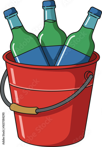 Green glass bottles in red bucket for cold drinks vector illustration with blue highlights and metal handle
