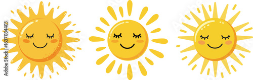 Smiling cute sun faces with closed eyes in yellow bright sunshine vector design elements