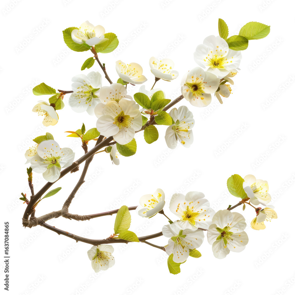 Fototapeta premium Close-up of a flowering branch. White blossoms with yellow centers, light green leaves, dark brown branches, isolated on black background