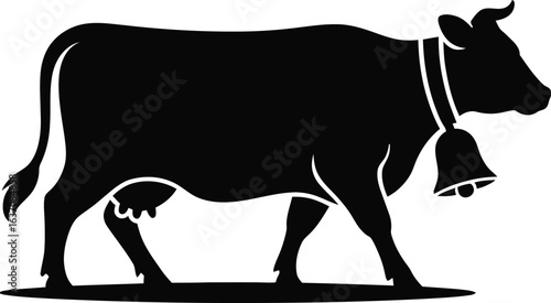 Silhouette of Cow with Bell, Farm Animal Icon