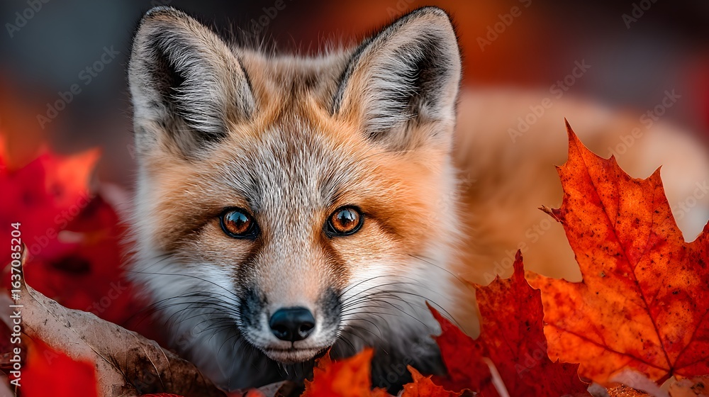 Fototapeta premium a fox with a blue eye, fox animal, red fox, cute fox, fox, whimsical fox, beautiful autumn spirit,