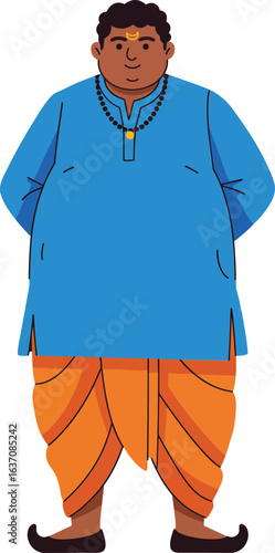 Man wearing traditional blue kurta and orange dhoti standing with hands behind back vector illustration