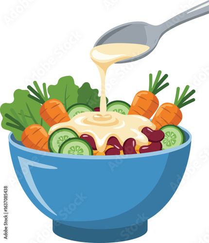 Fresh vegetable salad with creamy dressing pouring on blue bowl healthy vegan food concept